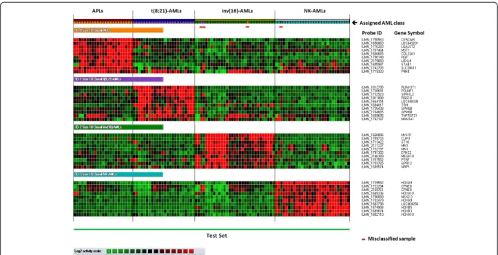Figure 2 Results of the class assignment for the 107 AML Test Set samples fulfilling all quality control criteria based on the 10-marker classifiers characterizing the APL, t(8;21)-AML, inv(16)-AML and NK-AML classes (all three AML cell lines run in duplic