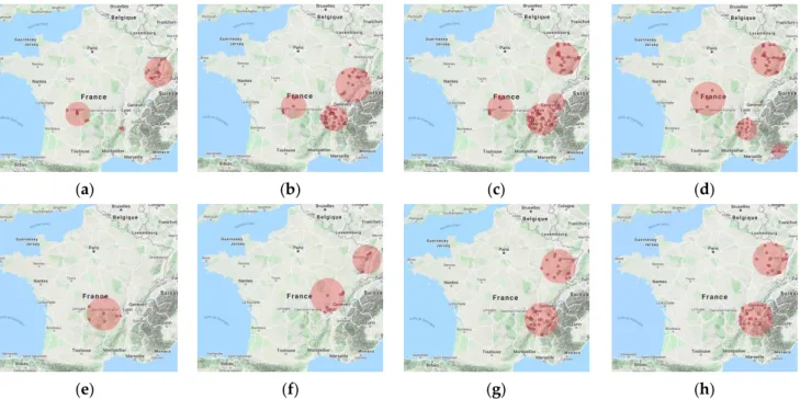 Figure 3. Spatial clusters detected in 2016 (a), 2017 (b), 2018 (c), 2019 (d) and spatio-temporal clusters detected in 2016 (e),  2017 (f), 2018 (g), 2019 (h)