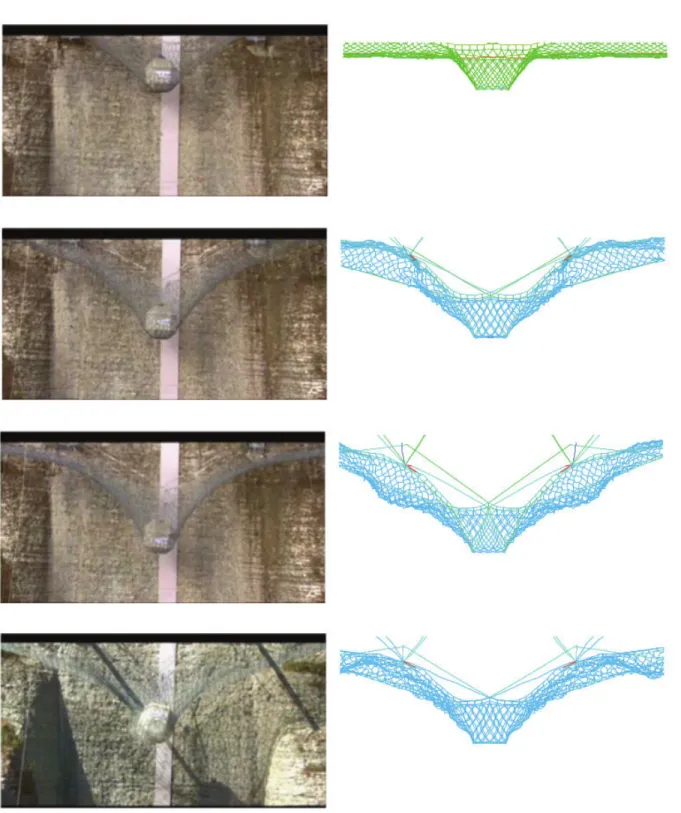 Figure 2.5: Snapshots at different time of falling boulder intercepted by a flexible barrier: FEM Numerical simulation (right) compared with photograms (left) (after Gentilini et al., 2012)