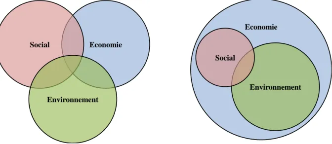 Figure 9 - les 3 sphères du développement durable, vision idéale versus réalité 