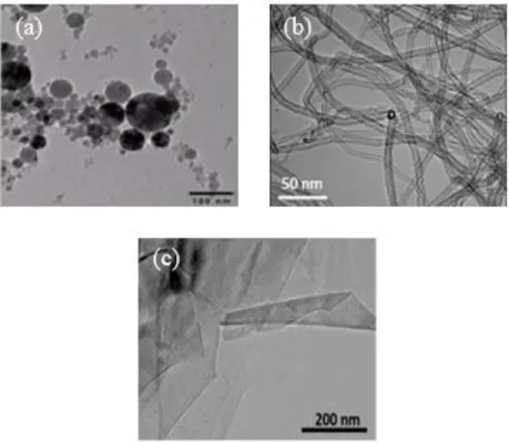 Figure II.3. TEM images of some examples of nanoparticles: spherical nanoparticles [14] (a),  carbon nanotubes [15] (b), and graphene nanosheets (c)