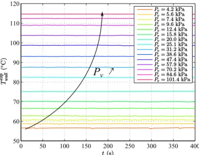 Figure 3.7 – Time evolution of the wall temperature T wall exp for the different investigated vapor pressures P v
