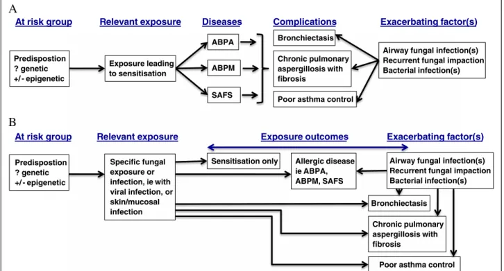 Figure 2 Two contrasting disease models (A and B), with common elements of risk and exposure, but different outcomes