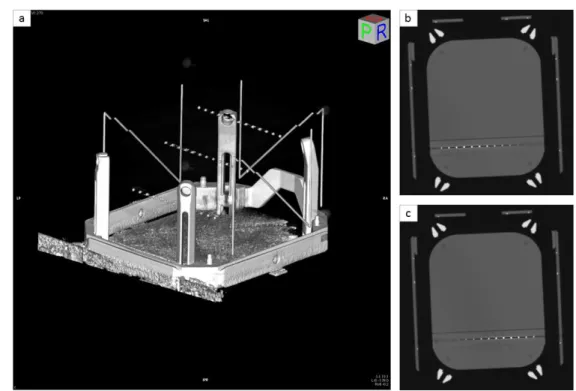 Fig.  5:  a)  3D  reconstruction  of  the  CT  phantom  where  the  39  radio-opaque  marbles  appear  inside  the  Leksell  frame