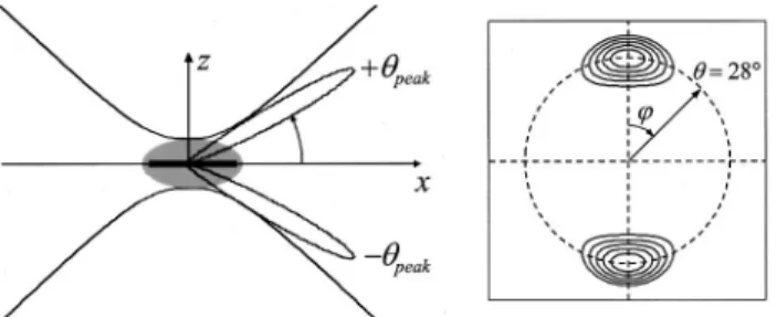 Fig. 2. Left, an excitation beam propagating in the x direction and polarized along the z axis is focused (side-on) onto the  mem-brane of a labeled lipid vesicle