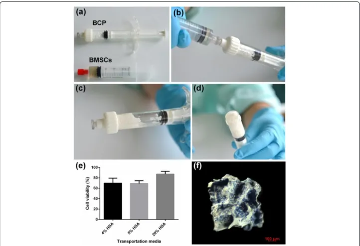 Figure 3 Transportation of fresh bone marrow stromal cells. (a) to (d) Syringes containing 100 million bone marrow stromal cells (BMSCs) were transported from Germany to France where they were mixed with biphasic calcium phosphate (BCP) biomaterial in ster