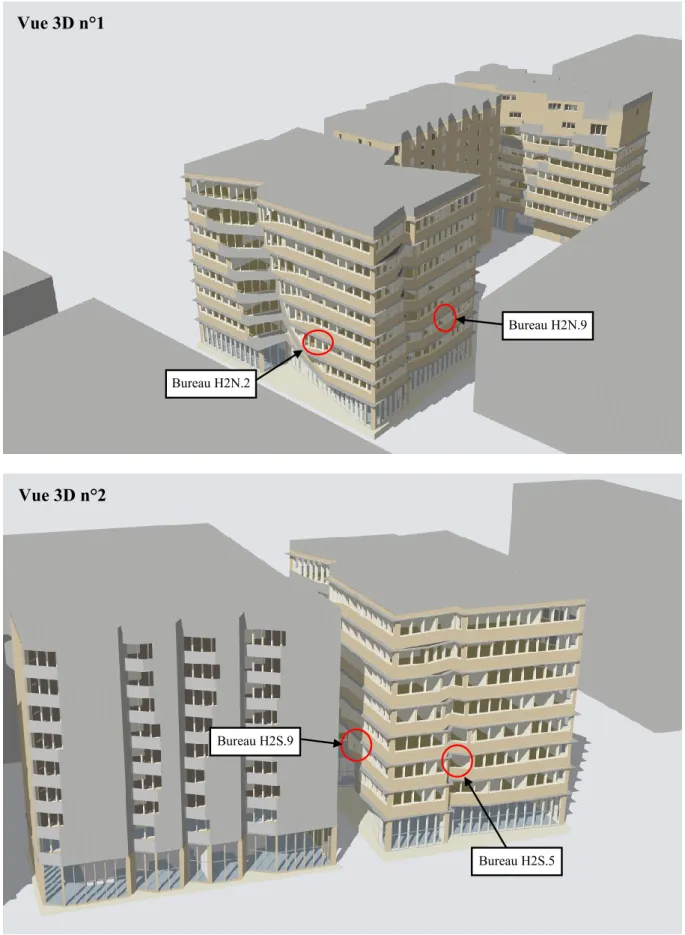 Figure 3-9 : Zones de test entourées, vue 3D issues du modèle DesignBuilder. 