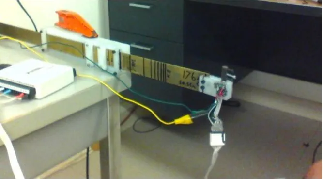 Figure 14: Cantilever beam setup. Eccentric mass dc motor is standstill. The beam was slid in  and out in order to change the stiffness and measure the vibration and speed of the dc motor