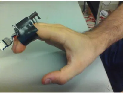 Figure 20: Picture of the non- interposed ring sensor setup. The subject is wearing the device on  the intermediate phalange of the index finger