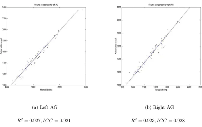 Figure 7: Volumetric comparison between automatic results and manual labellings for AG segmenta- segmenta-tions.