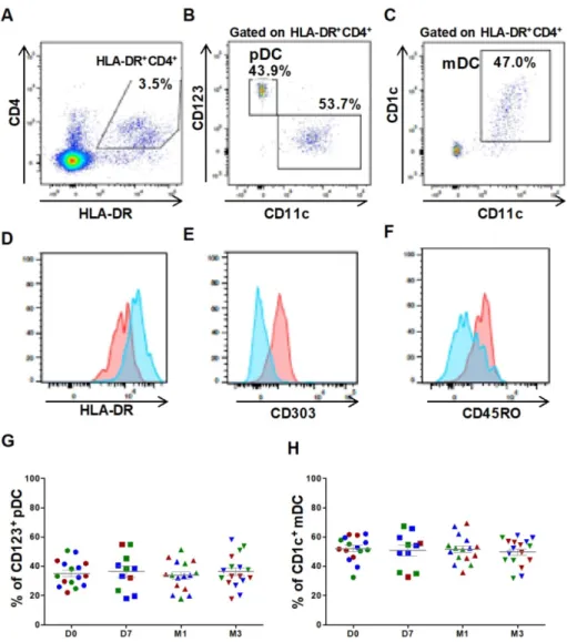 Figure 1. Circulating DC subsets are not affected by ASC injection in the knee. Gating strategy and representative dot plots to identify CD4 + HLA-DR +  cells (A),  CD123 +  plasmacytoid DCs (pDCs) (B), and CD1c +  myeloid DCs (mDCs) (C)