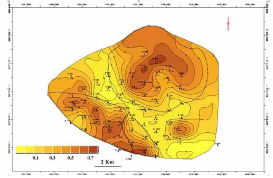 Figure 17- Carte de tendance de teneur en dolomites au Crétacé inférieur dans le bassin de Cardenas  (COMESA, 2005)