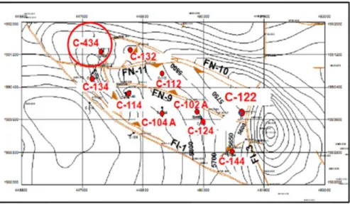 Figure 20- Localisation du puits C-434 à partir d’une carte structurale du bassin de Cardenas (PEMEX  2005)