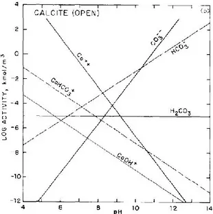 Figure 2-9 – Spéciation des espèces en surface de la calcite en solution aqueuse, système ouvert (d’après  Somasundaran et al., 1985) 