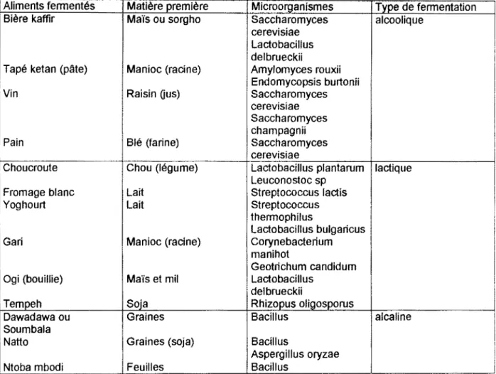 Figure  5 :  Quelques  aliments  fermentés  et  microorganismes  impliqués  dans la fermentation 