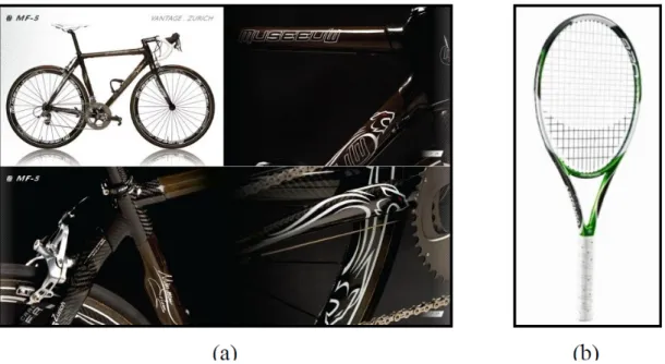 Figure I.4 : Matériels de sport fabriqués en agro-composite renforcés par du Lin : vélo  de course Museeuw MF-5 (a) [FRA09] et raquette de tennis Artengo 820 (b) [RAF09] 