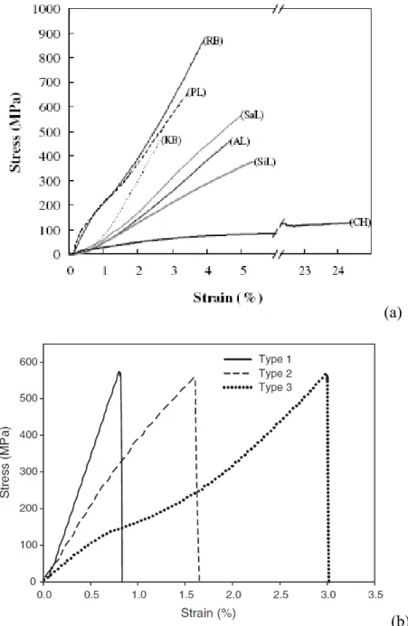 Figure I.19 : Comportement mécanique pour différents faisceaux de fibres végétales  [MUN07] (a) et comportements mécaniques typiques d’un faisceau de chanvre (3 