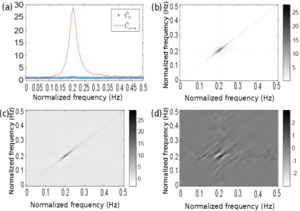 Fig. 3.17 Toeplitz matrix: (a) diagonals (the spectrum of the fault signal is indicated by a red solid line and that of the noise by blue asterisks); (b) absolute value; (c) real part; (d) imaginary part of the estimated covariance matrix.