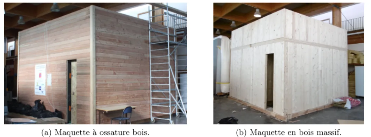 Figure 1.1 – Maquettes exp´erimentales d’essai ` a taille r´eelle r´ealis´ees au CRITT Bois.