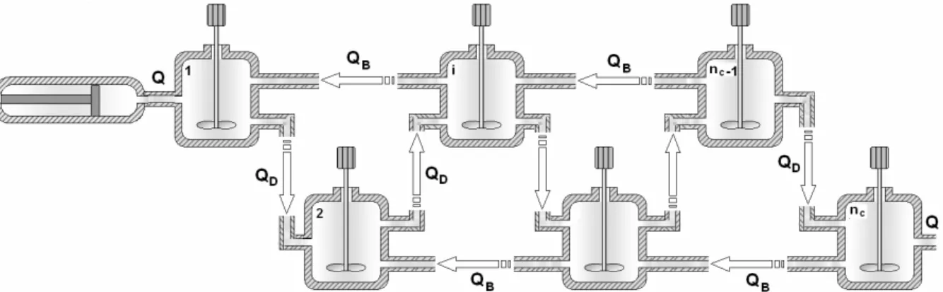 Figure 1-17: Modèle des réacteurs parfaitement agités en cascade à double reflux (Puaux et al., 2000) 