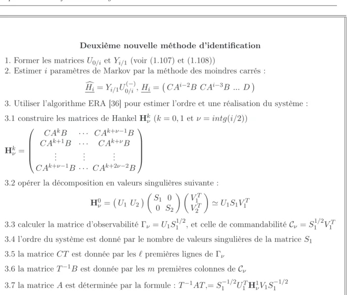 Tab. 1.4 – Les grandes lignes de la deuxième nouvelle méthode d’identification des sous-espaces