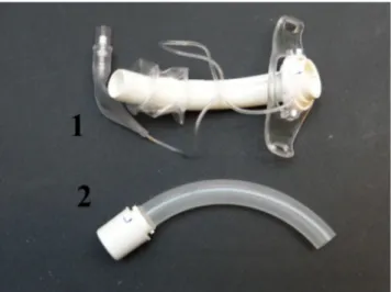 Fig. 3 Canule de trachéotomie fenêtrée : 1) canule externe fenê- fenê-trée avec ballonnet basse pression ; 2) chemise interne fenêfenê-trée ; 3) valve phonatoire