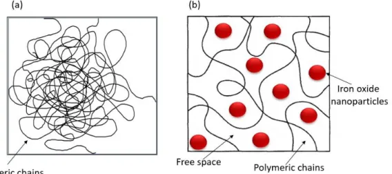 Figure 3.6. Schematic representation of the polyme ric chains: (a)  entangled pol ymeric  chains and (b) plasticizer effect of iron oxide nanoparticles on the polymeric chains