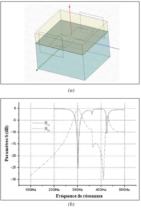 Fig II. 18.  (a) Structure simulée ; (b) Résultats des simulations de la cellule de mesure  pour une épaisseur  de couche d’air de 3µm   