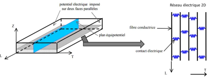 Figure 1.15 : Model résistif de la conduction électrique dans un CFRP [50] 