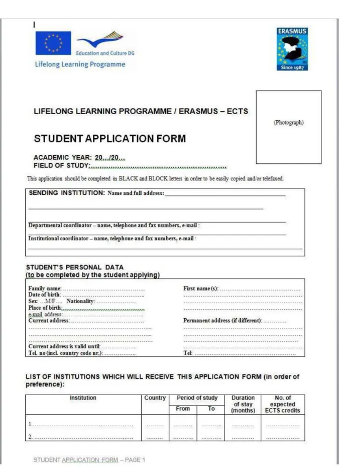 Figure 7 : Première page du formulaire de Candidature au programme Erasmus 
