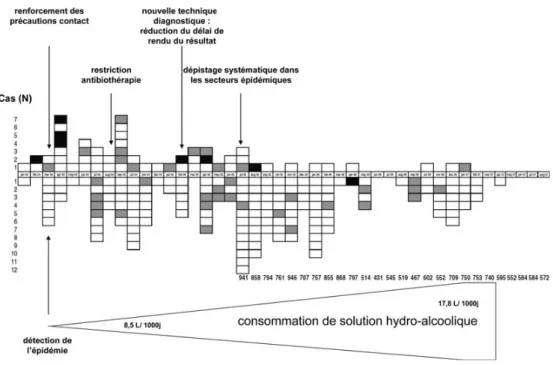 Fig. 1 Illustration d ’ une courbe épidémique ordonnant les cas au cours du temps et mentionnant des événements significatifs