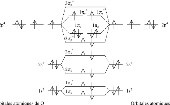 Figure III. 1 : Niveaux d’énergie des orbitales atomiques de l’atome d’oxygène et des orbitales  moléculaires du dimère O 2 
