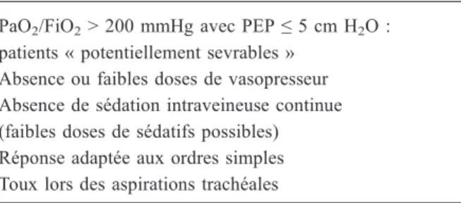 Tableau 2 Prérequis à l ’ épreuve de ventilation spontanée PaO 2 /FiO 2 &gt; 200 mmHg avec PEP ≤ 5 cm H 2 O : patients « potentiellement sevrables »