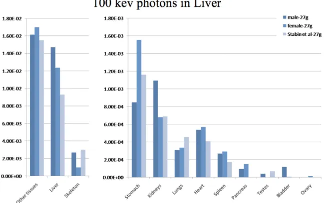 Figure 2.  Comparison of absorbed fractions from 100-keV photons originating from the  liver,  as  calculated  by  the  dosimetry  model  of  Stabin  et  al