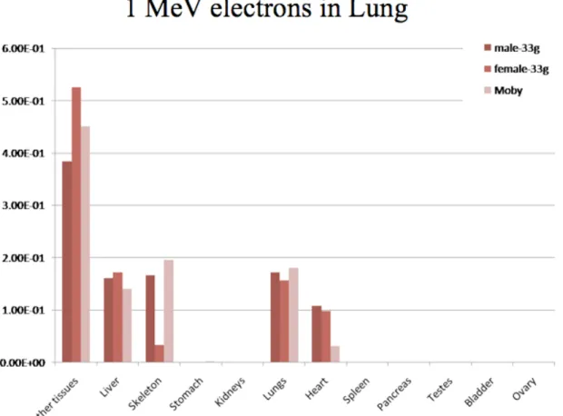 Figure 5.  Comparison of absorbed fractions from 1-MeV electrons originating from the  lung, as calculated by the dosimetry model of Larsson et al