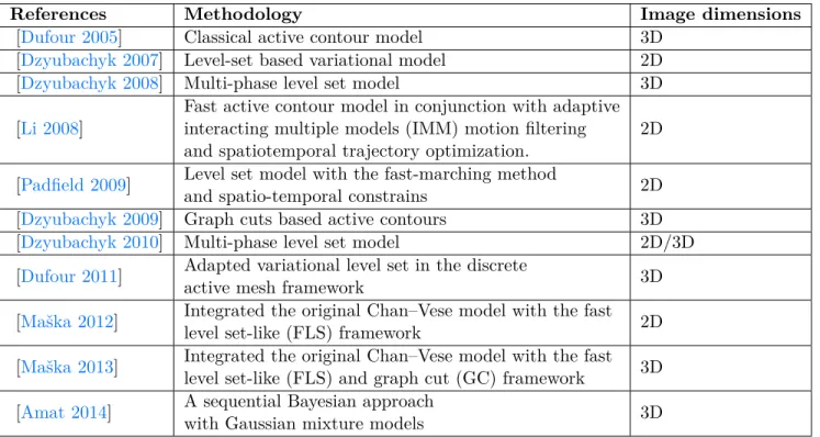 Table 2.4: Summary of tracking by model-based contour evolution approaches.