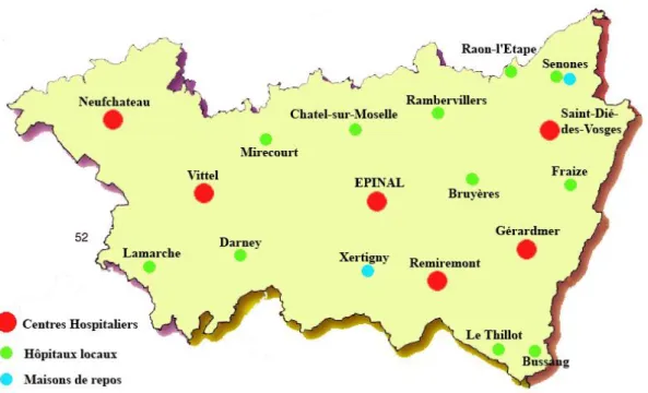 Figure 11 : Carte des centres hospitaliers et des hôpitaux locaux du département 