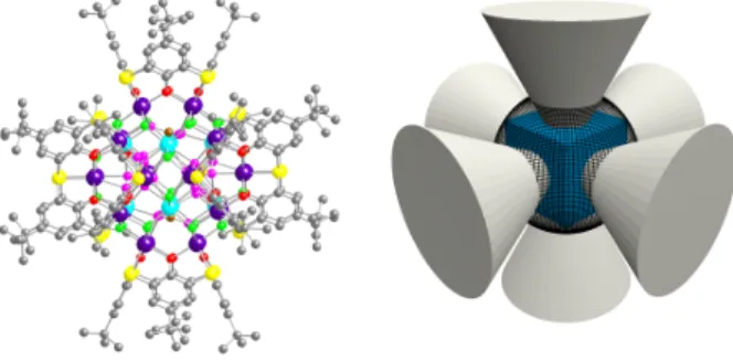 Figure 3: A portion of the crystal structure of the M 32  (M = Co or Ni)  nano  cluster  showing  the  24  metal centres (violet) forming the shell  of  the  giant  cluster  hold  by  the  6  thiacalix units