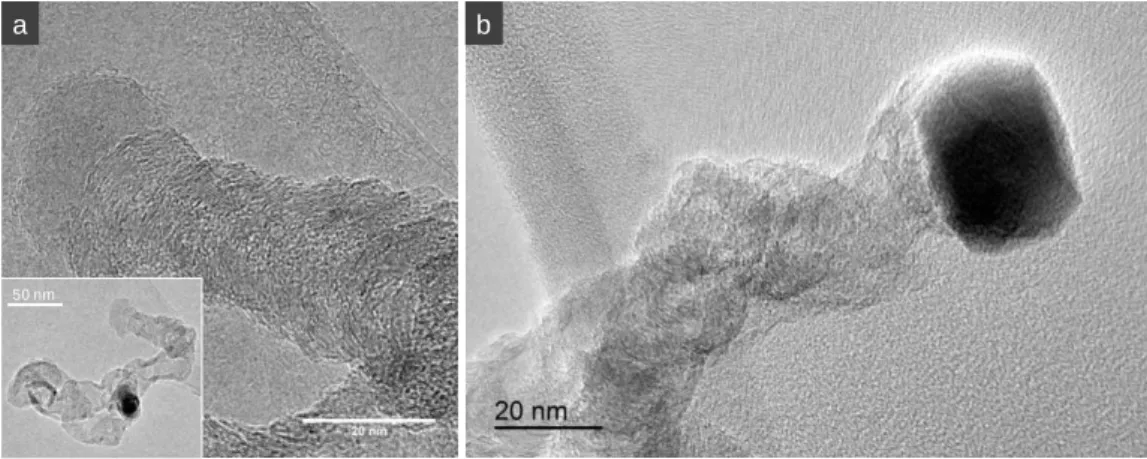 Fig. 5. TEM micrographs of CNFs growth over iron-oxide/FLG catalysts. 