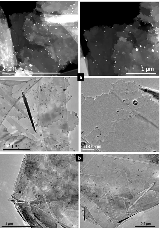 Fig. 2 TEM micrographs of a) FLG with jagged edges obtained after oxidation, hydrogenation  treatment, b) FLG with straight edges etched by hydrogenation   