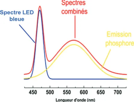 Figure 1.1 : Schéma représentant le spectre d’une LED blanche élaboré à partir d’une LED  bleue pompant un phosphore émettant dans le jaune [9]