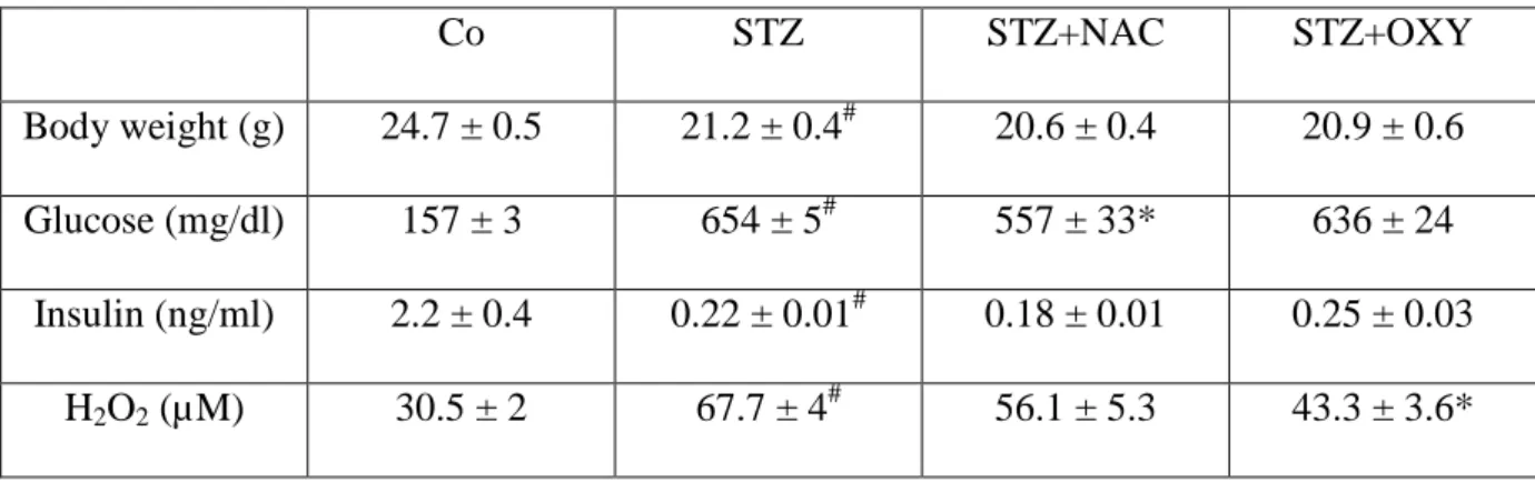 Table 2: Characteristics of mice (experiment 2). Body weight, glycaemia, insulinemia and  plasma H 2 O 2  concentrations of control (Co), untreated streptozotocin-treated mice (STZ), and  N-acetylcysteine (STZ+NAC)- or oxypurinol (STZ+OXY)-treated STZ mice