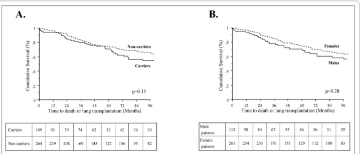 Figure 2 Time to death or lung transplantation in all patients according to BMPR2 mutation status (A) or gender (B)
