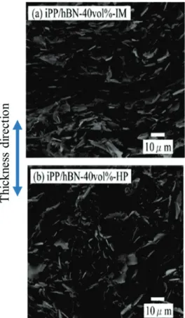 Fig. 1.13. SEM observation of samples filled at 40 vol% of hBN/isotactic PP performed by means of (a)  injection molding (IM) and (b) mixing by batch process and then pressed (HP)