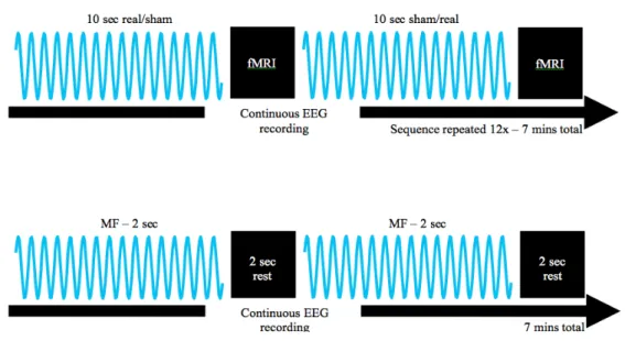 Fig. 2.  Top row. fMRI sequence 1 designed to record possible evoked responses in the  EEG  due  to  short  episodes  (10  s)  of  MF  exposure,  and  also  possible  functional  brain  activation immediately after exposure using BOLD