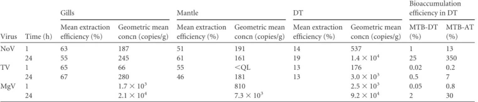 TABLE 2 Persistence of NV, TV, and MgV in oyster DT over 8 days a