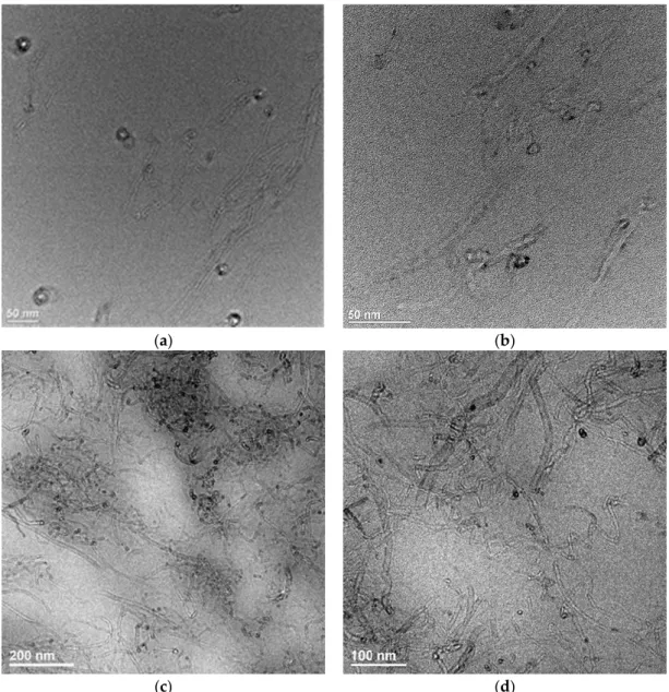 Figure 2. TEM images of EVA/6 wt.% CNT (a,b), EVA/8 wt.% CNT (c,d) nanocomposites at different  magnification