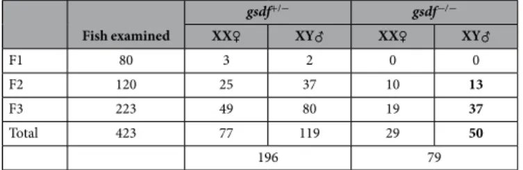 Table 2.   Generation and phenotype of gsdf mutant medaka 1 .  1 Feminized fish are highlighted in bold.