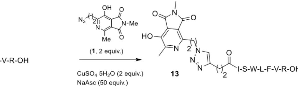 Figure 3. Green-fluororescence labeling of peptide 12. a) RP-HPLC chromatogram of peptide-alkyne 
