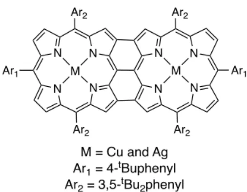 Figure 2. Bis-copper(II) or bis-silver(II) triply fused porphyrin dimers studied by Osuka and coll
